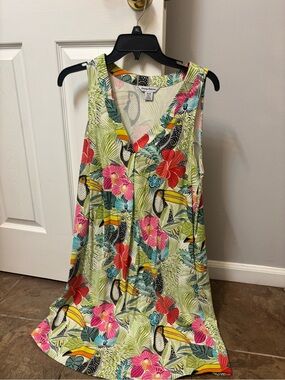 Tommy Bahama Tropical Toucan V-Neck Dress - Green, Pink, Yellow, Blue